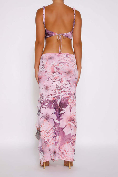 Floral Print Cami Vest Ruffle Midi Skirt Suits