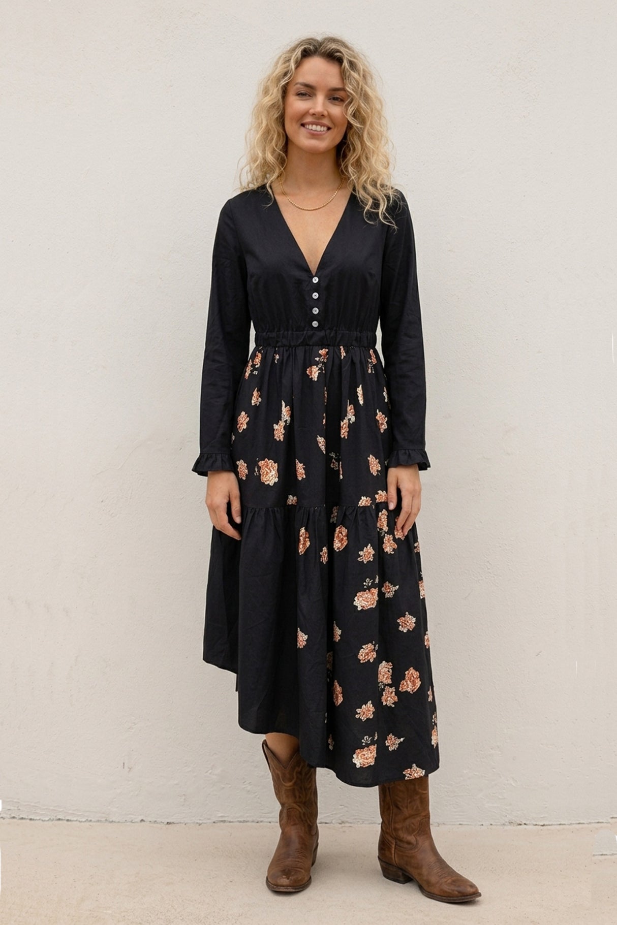 Floral Print Irregular Hem Retro Midi Dress