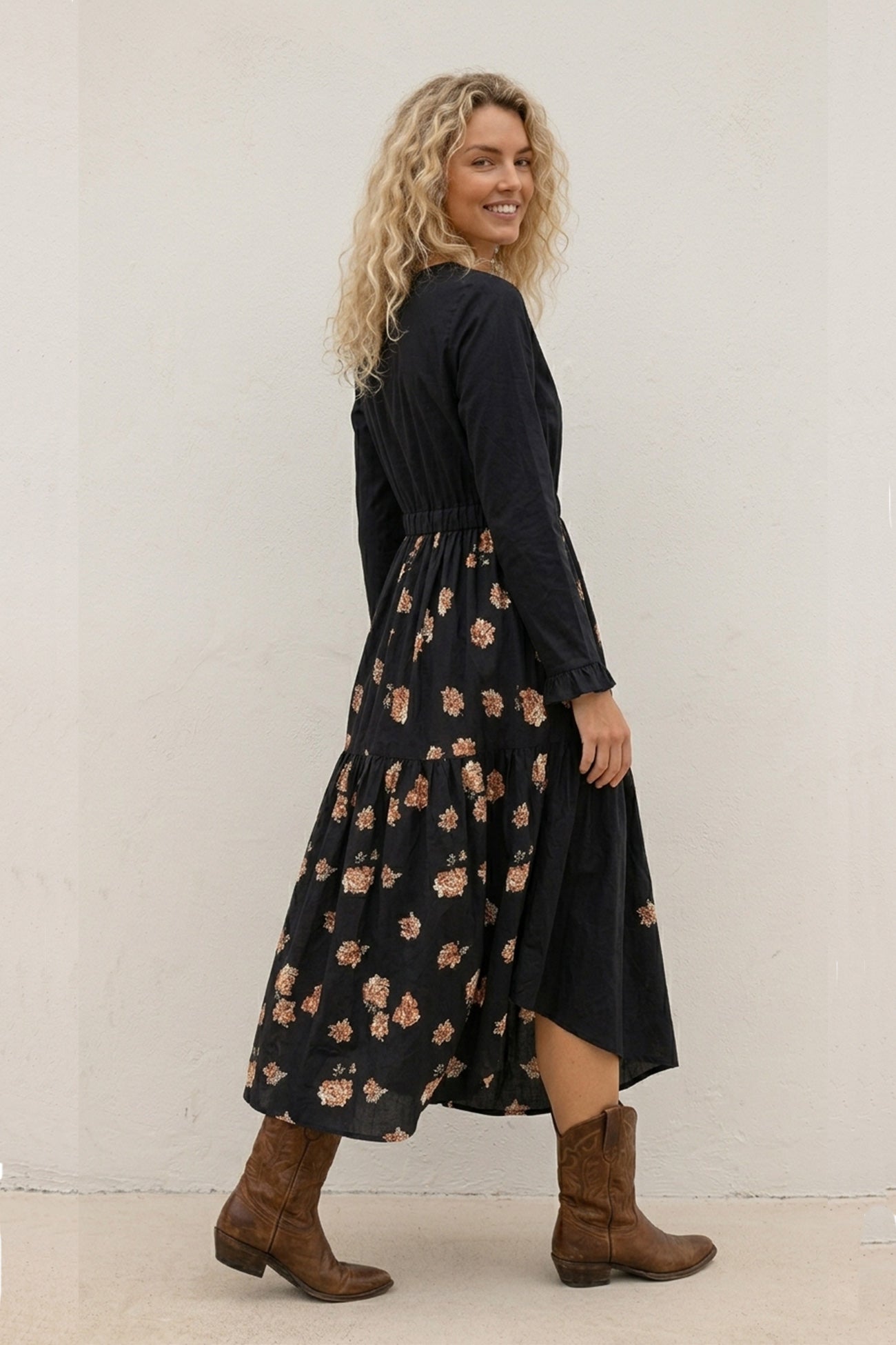 Floral Print Irregular Hem Retro Midi Dress