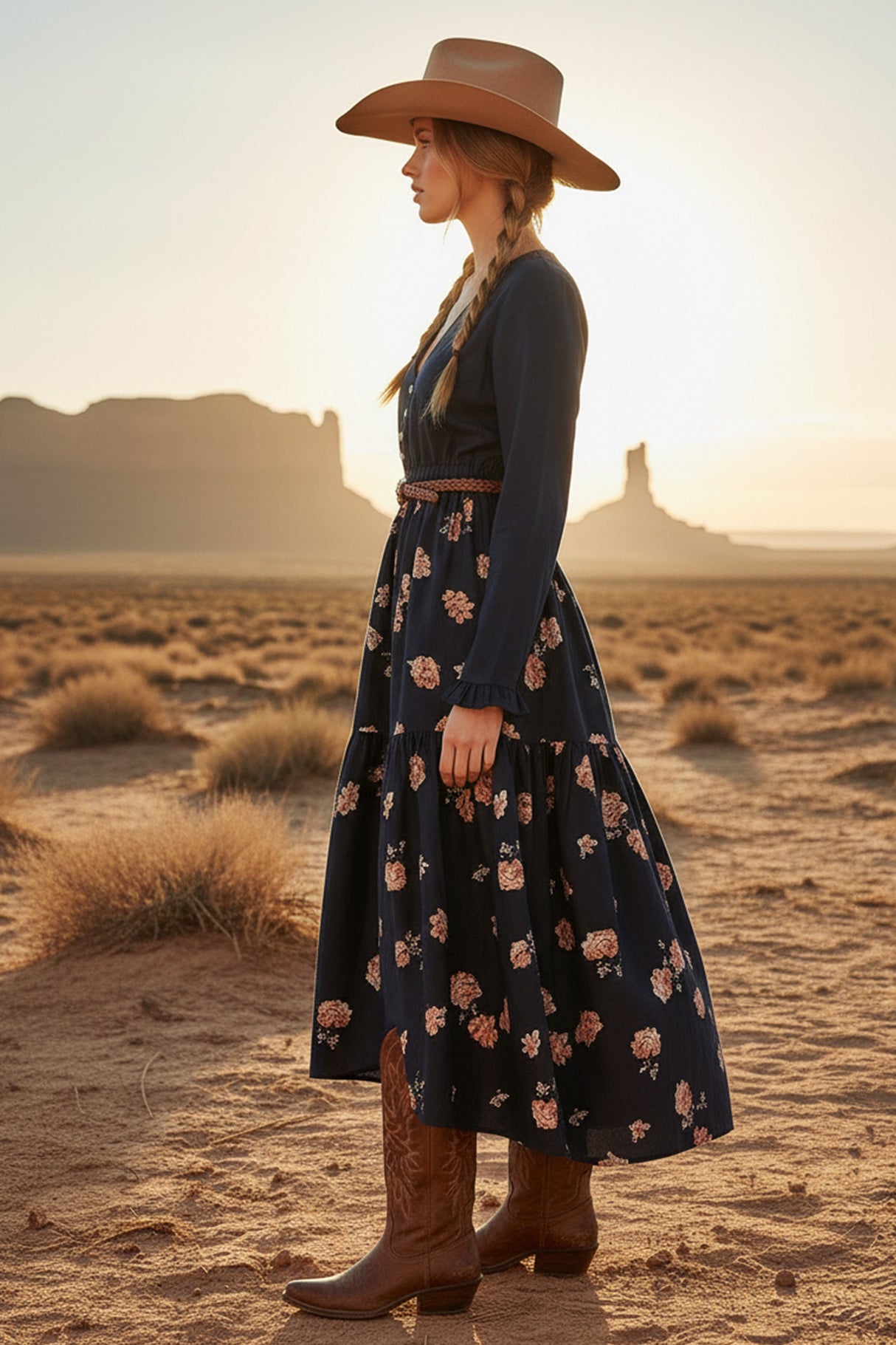 Floral Print Irregular Hem Retro Midi Dress