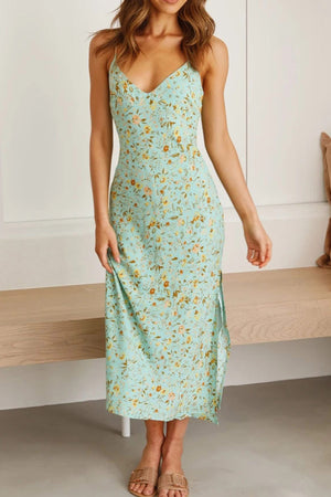 Arolora Floral Print Low Cut Slit Cami Dress