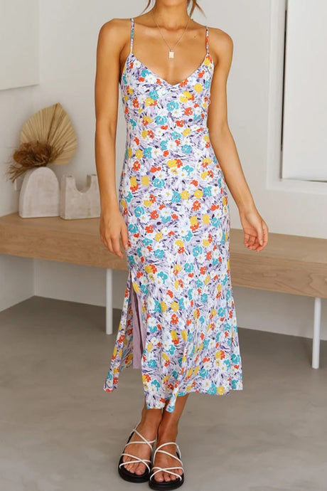 Arolora Floral Print Low Cut Slit Cami Dress