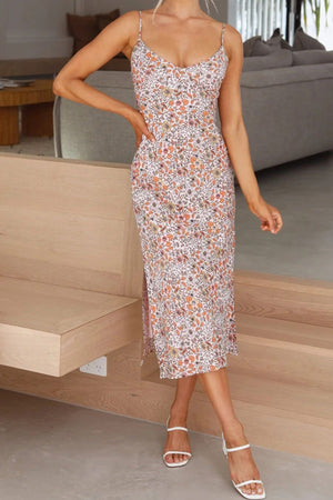Arolora Floral Print Low Cut Slit Cami Dress