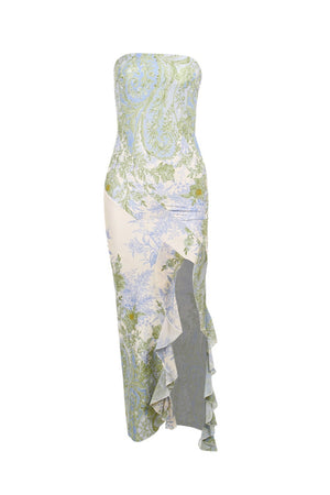 Arolora floral-print-ruffle-slit-strapless-dress