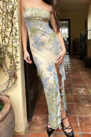 Arolora floral-print-ruffle-slit-strapless-dress