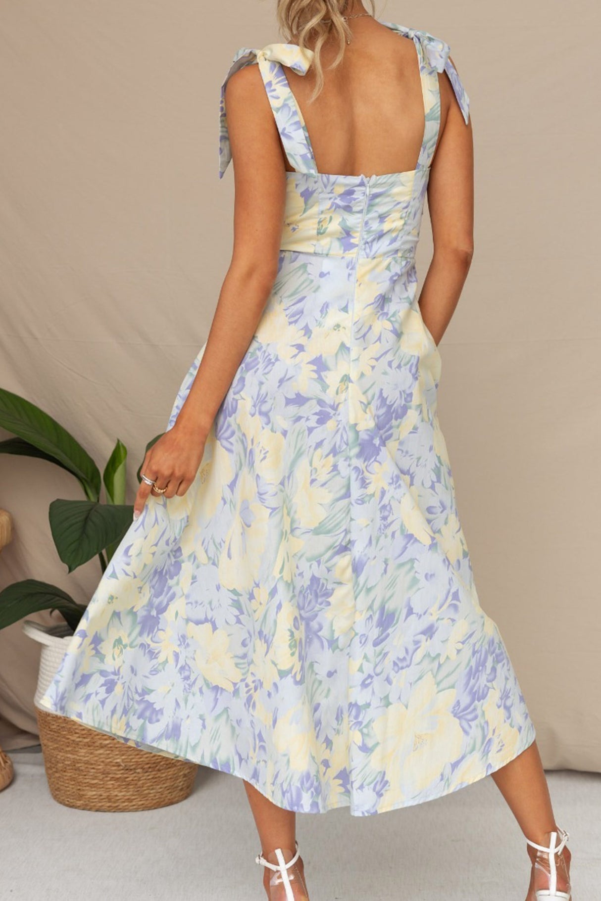 Floral Print Tie-straps Waisted Midi Dress