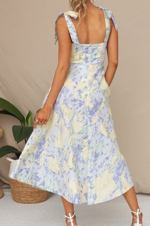 Floral Print Tie-straps Waisted Midi Dress