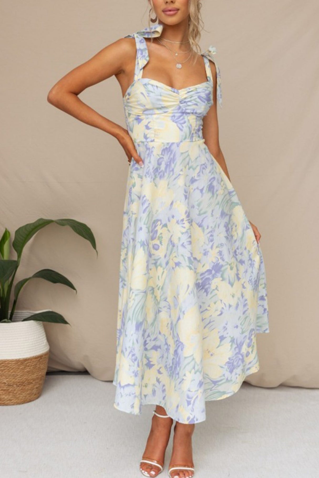 Floral Print Tie-straps Waisted Midi Dress