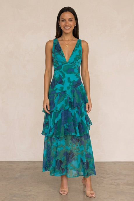 Floral Print Tie-up Back Chiffon Tiered Dress