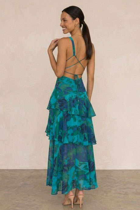 Floral Print Tie-up Back Chiffon Tiered Dress