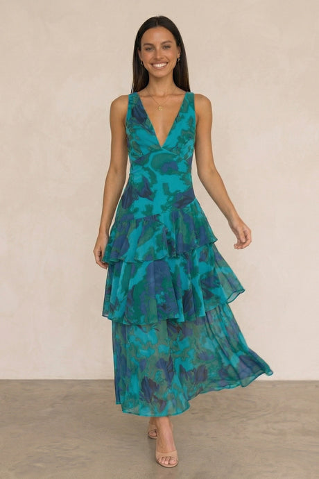 Floral Print Tie-up Back Chiffon Tiered Dress