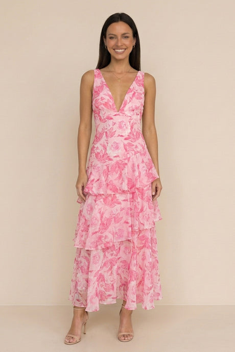 Floral Print Tie-up Back Chiffon Tiered Dress