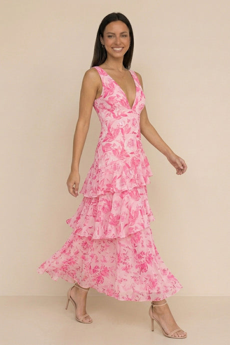Floral Print Tie-up Back Chiffon Tiered Dress