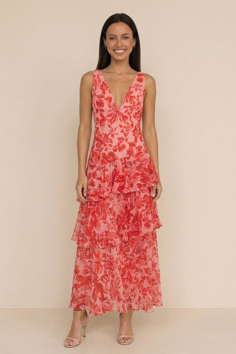 Floral Print Tie-up Back Chiffon Tiered Dress