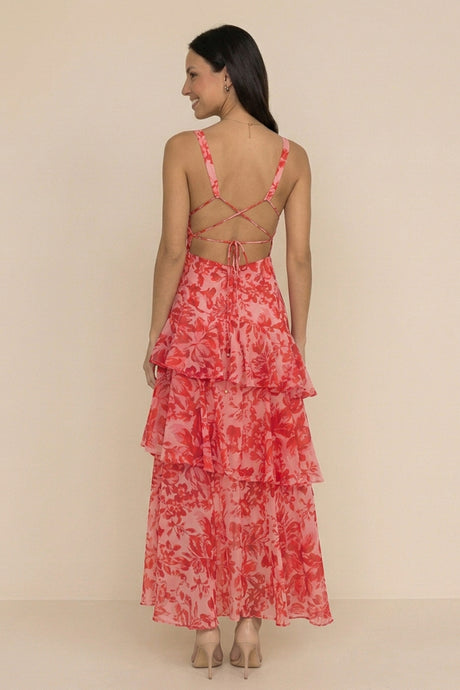 Floral Print Tie-up Back Chiffon Tiered Dress