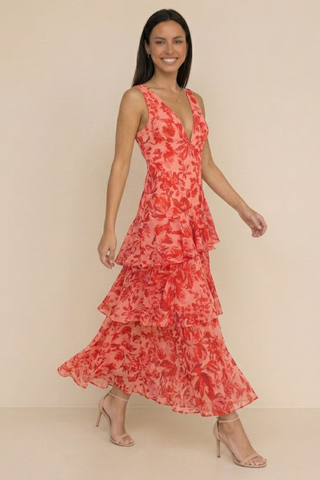 Floral Print Tie-up Back Chiffon Tiered Dress