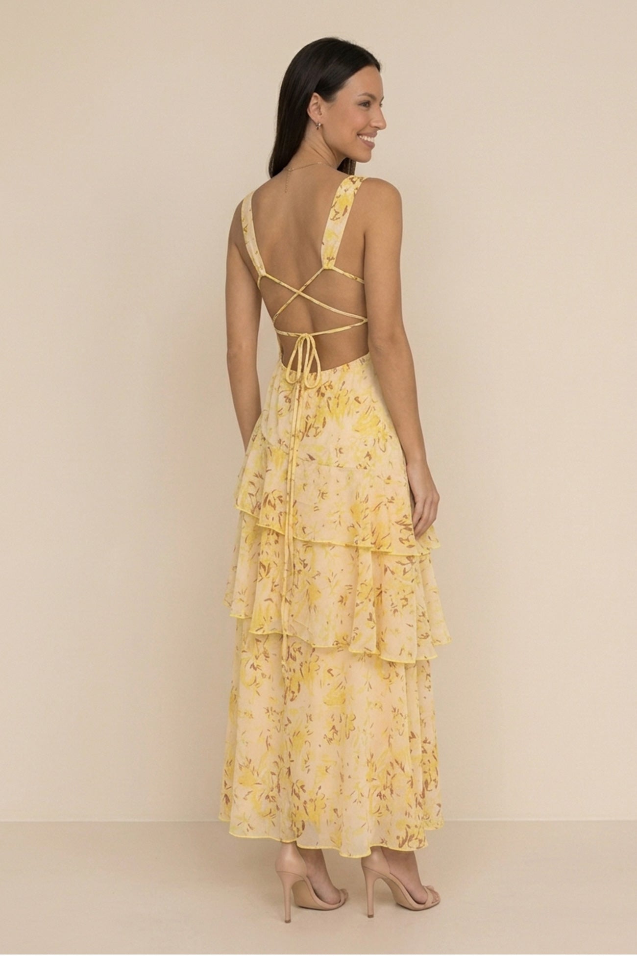 Floral Print Tie-up Back Chiffon Tiered Dress