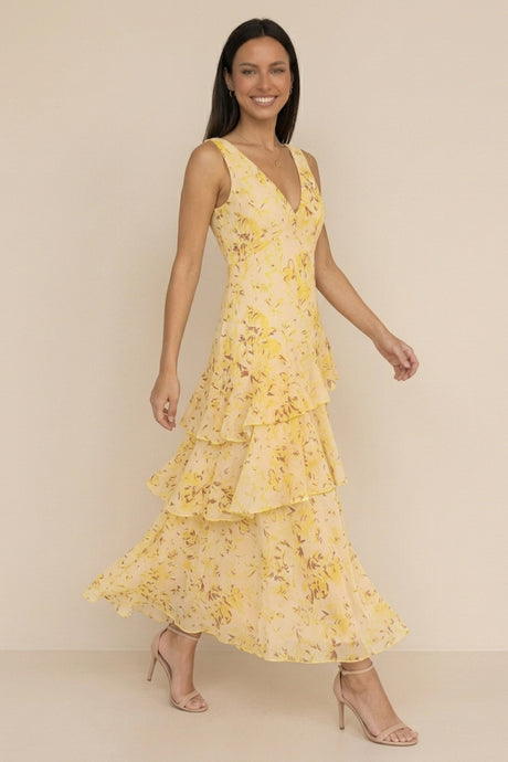 Floral Print Tie-up Back Chiffon Tiered Dress