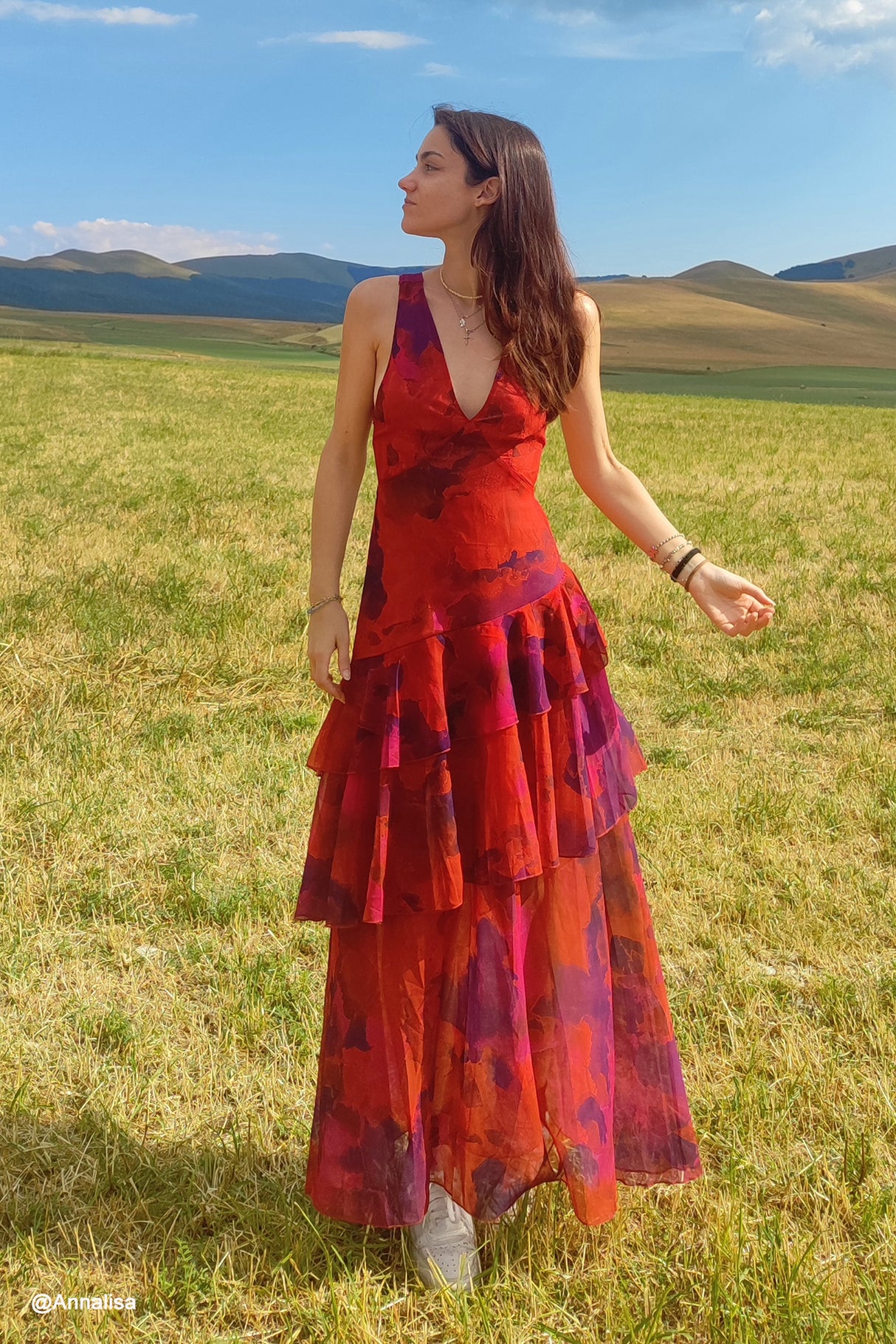 Floral Print Tie-up Back Chiffon Tiered Dress