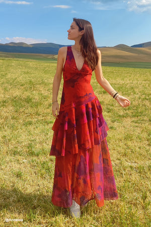 Floral Print Tie-up Back Chiffon Tiered Dress
