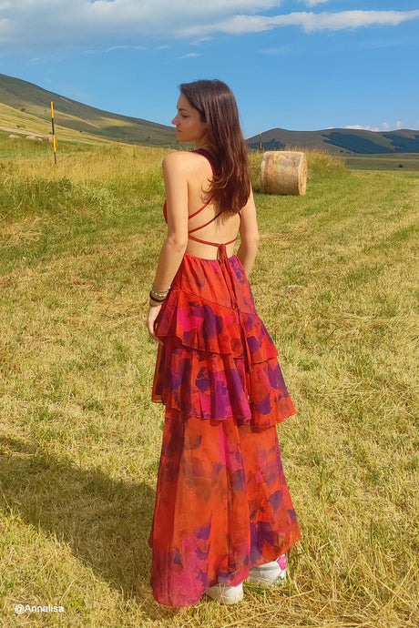 Floral Print Tie-up Back Chiffon Tiered Dress