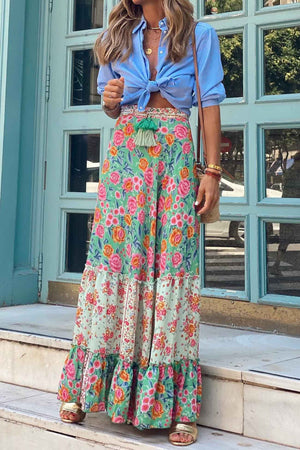 Floral Printed Patchwork Ruffle Midi Skirt