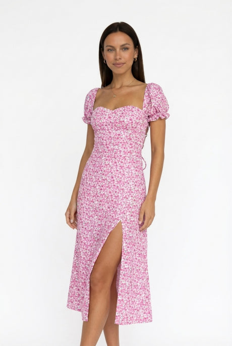Floral Puff Sleeve Tie-back Slit Dress