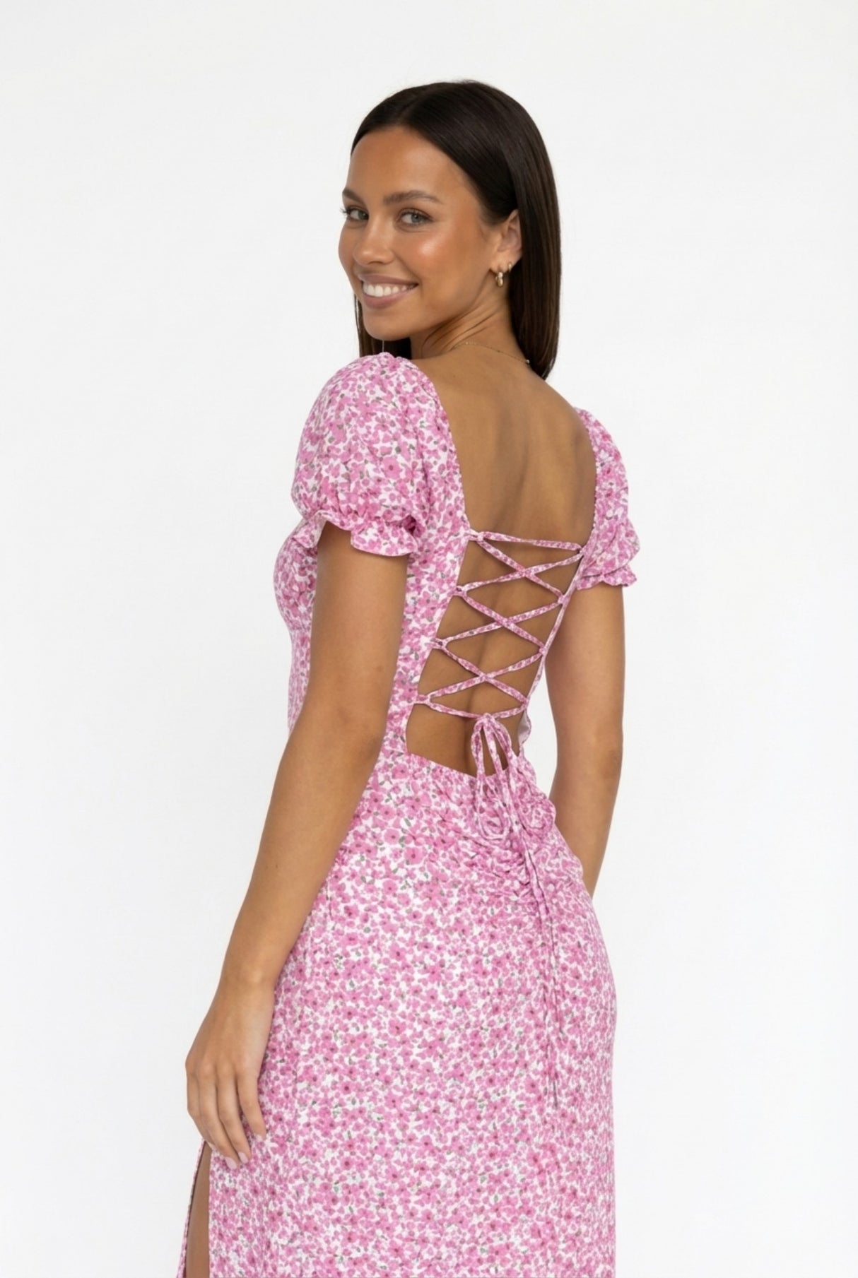 Floral Puff Sleeve Tie-back Slit Dress