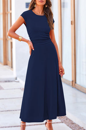 Solid Color Cap Sleeve Ruched Midi Skirt Set
