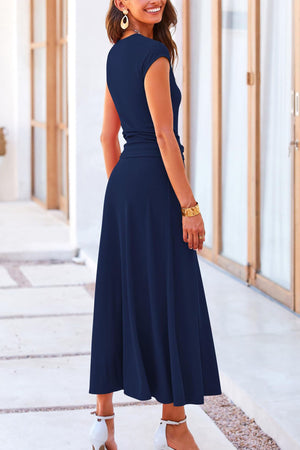 Solid Color Cap Sleeve Ruched Midi Skirt Set