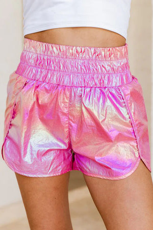 Glossy Shirred Waist Slit Shorts