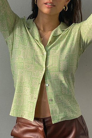 Green Lapel Printed Blouse