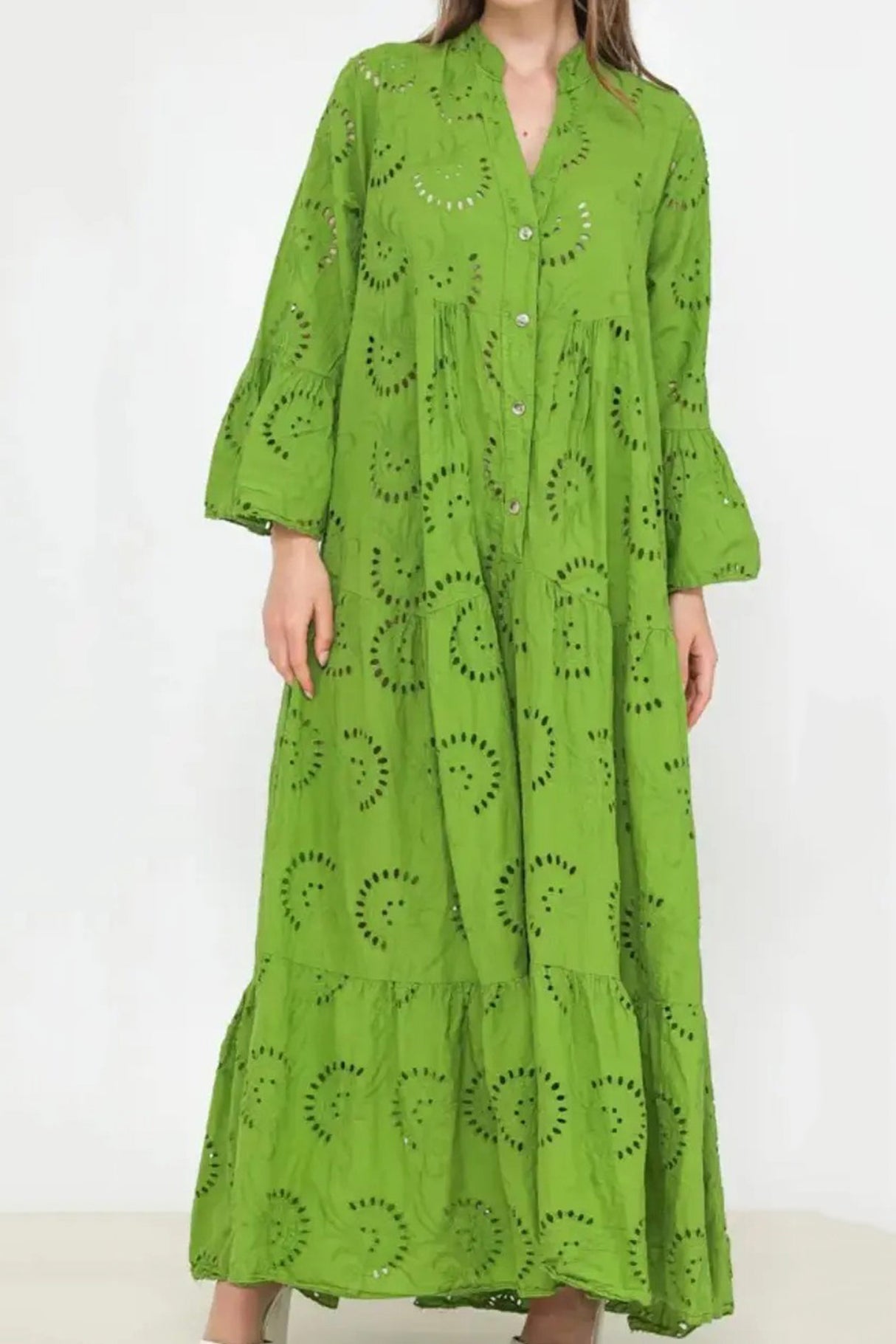V Neck Flares Sleeve Embroidery Cotton Dress