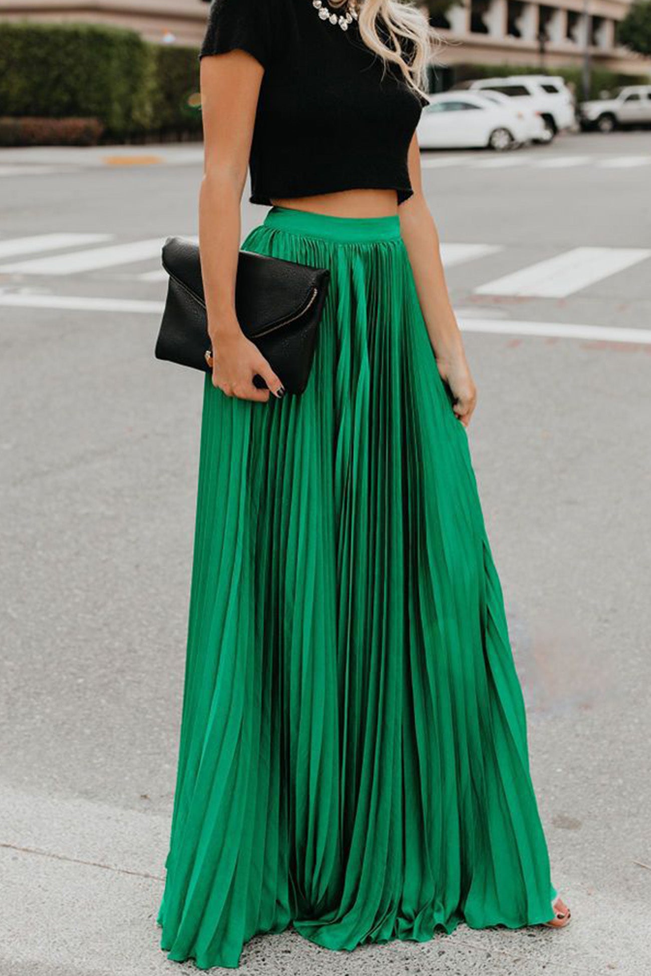 Solid Color High Waist Pleated Maxi Skirt – AROLORA