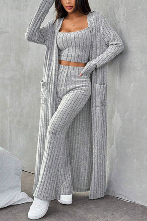 Grey Ribbed Knit Cardigan Three-piece Set