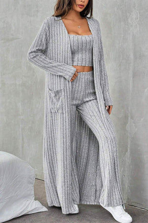 Grey Ribbed Knit Cardigan Three-piece Set