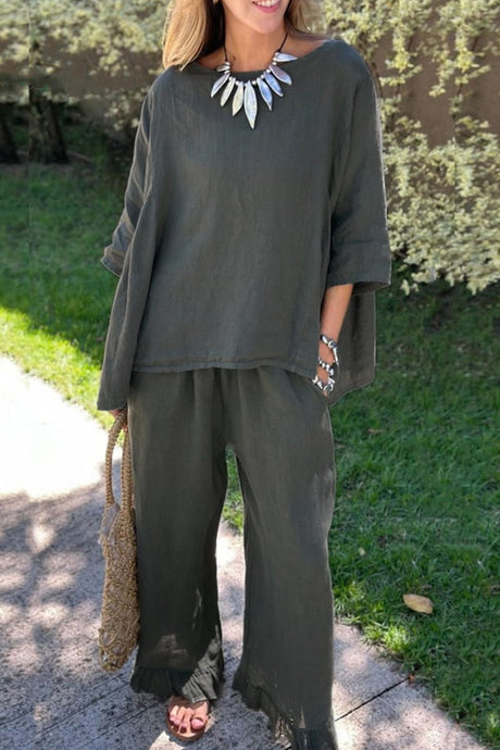 Arolora half-sleeve-tops-fringe-hem-long-pants-set