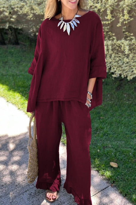 Arolora half-sleeve-tops-fringe-hem-long-pants-set
