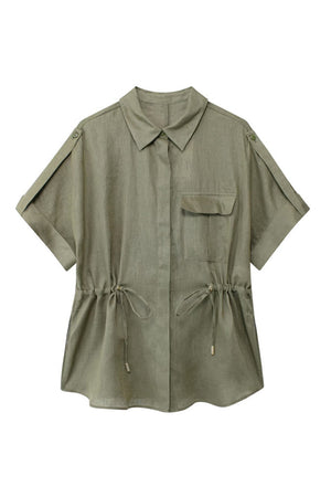 Half Sleeve Drawstring Shirt Long Pants Two-Piece Set