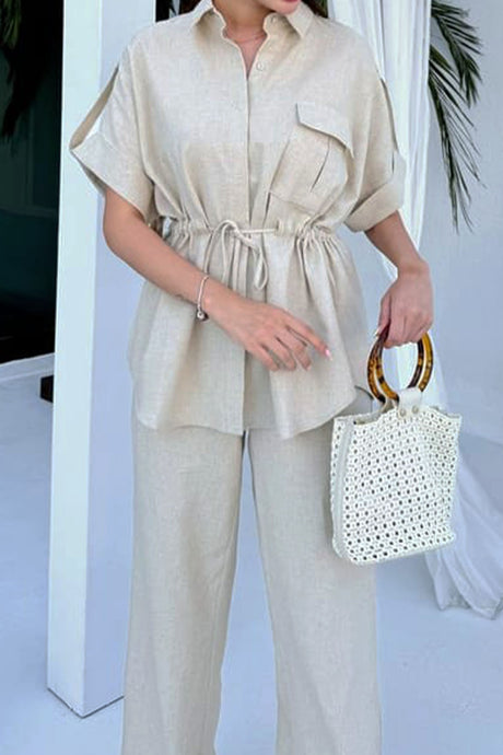 Half Sleeve Drawstring Shirt Long Pants Two-Piece Set