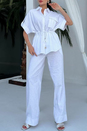 Half Sleeve Drawstring Shirt Long Pants Two-Piece Set