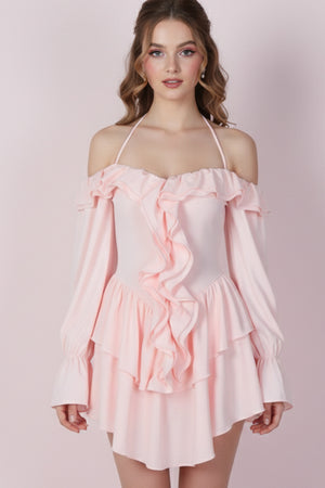 Halter Off-The-Shoulder Ruffled Mini Dress