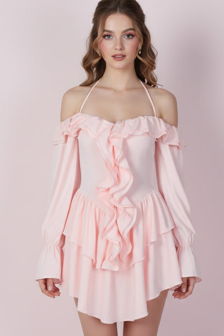 Halter Off-The-Shoulder Ruffled Mini Dress