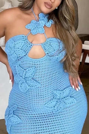 Arolora halter-woven-floral-hollow-out-knit-dress
