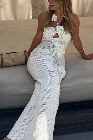 Arolora halter-woven-floral-hollow-out-knit-dress