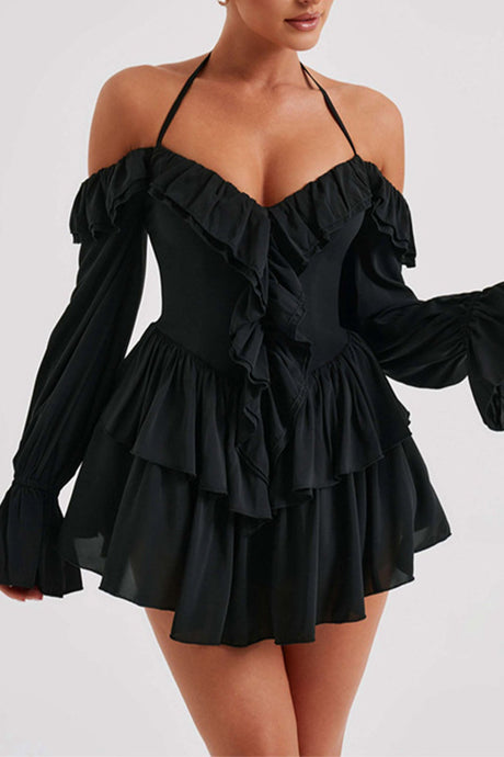 Arolora halter-off-the-shoulder-ruffled-mini-dress
