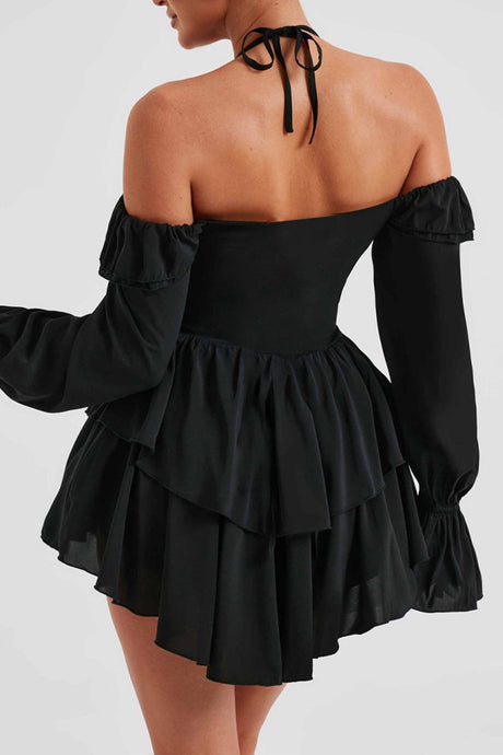 Arolora halter-off-the-shoulder-ruffled-mini-dress