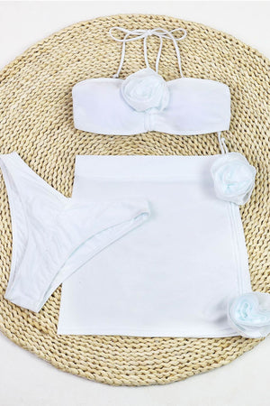 Halterneck 3D Floral Three-Piece Bikini Suits