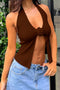 Halterneck Backless Flower Slit Front Crop Top
