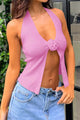 Halterneck Backless Flower Slit Front Crop Top
